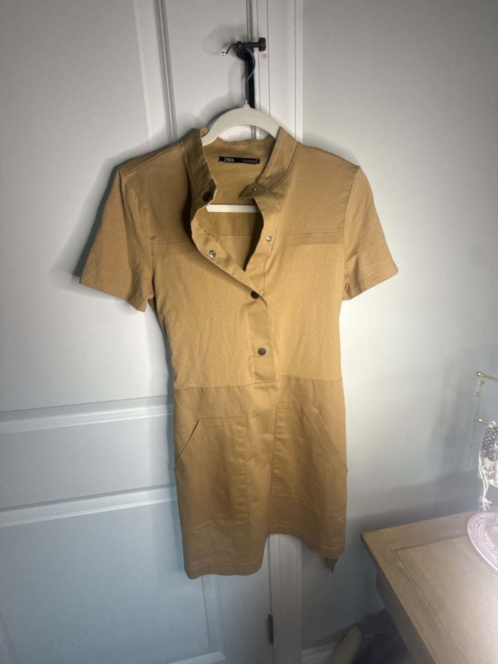 Zara Camel Short Sleeve Snap Front Utility Shirt Dress with Belt